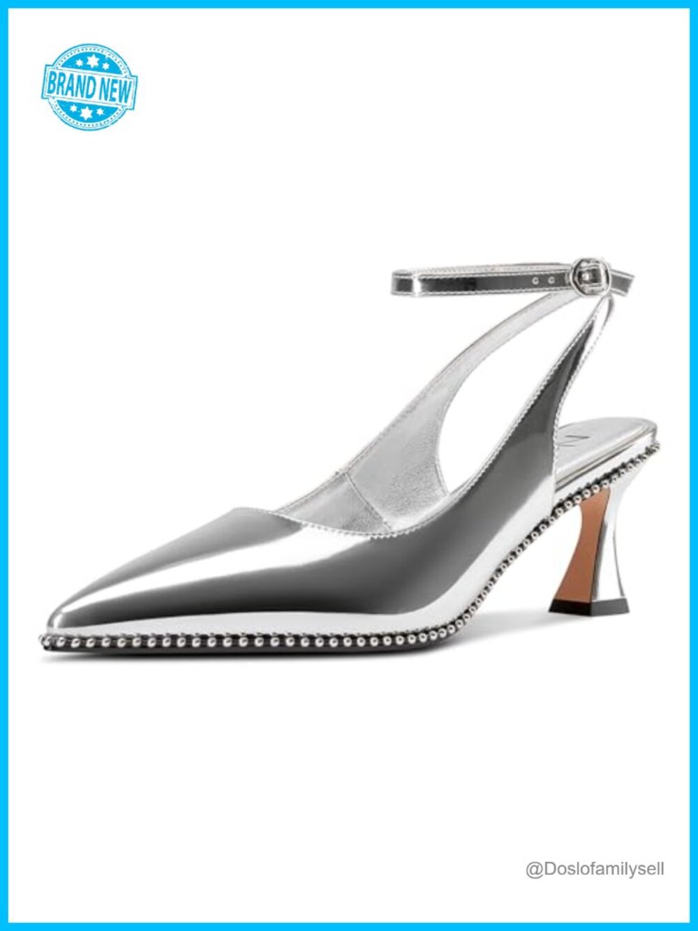 Faux Leather Slingback Kitten Heels Beaded Pointed Toe Ankle Strap Dress Pumps